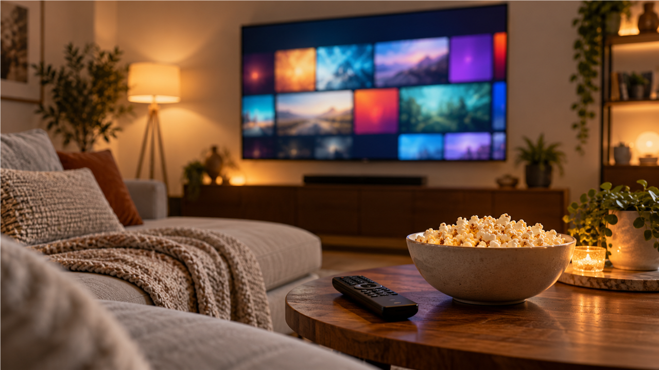 Living room with a large smart TV displaying a colorful channel guide grid, a remote on the coffee table