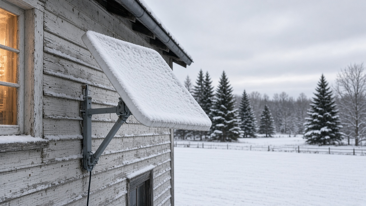 Snow-covered white satellite dish mounted on a rural farmhouse wall with snowy fields and pine trees