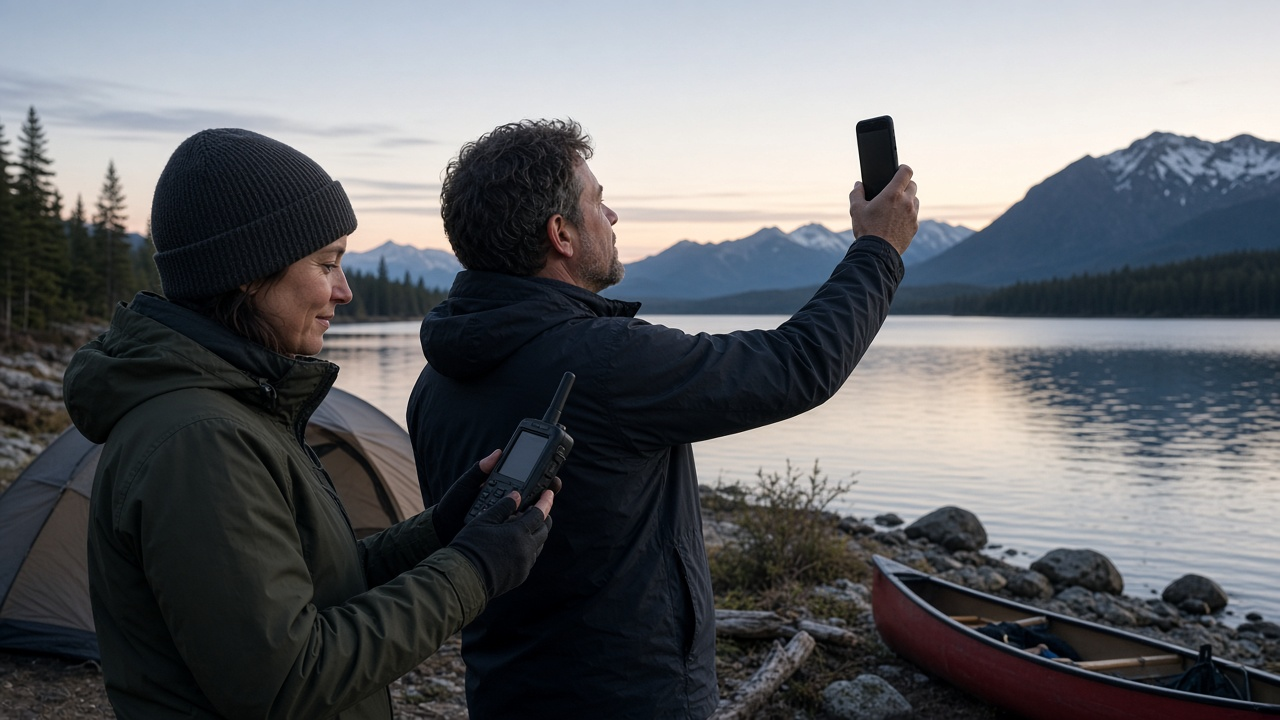Two people at a remote lakeside campsite at dawn, one holding a rugged handheld device and the other a smartphone, mountains and open sky behind them