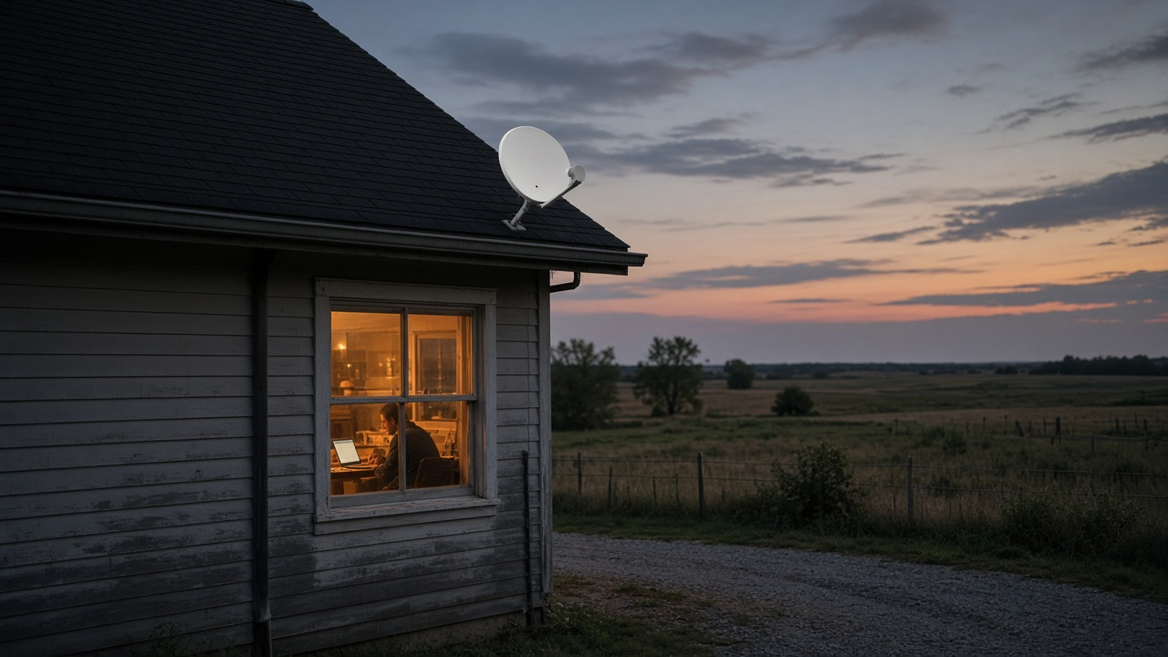 A rural farmhouse at dusk with a small white satellite dish on the roof eave, warm light in a window where a person uses a laptop, open fields beyond