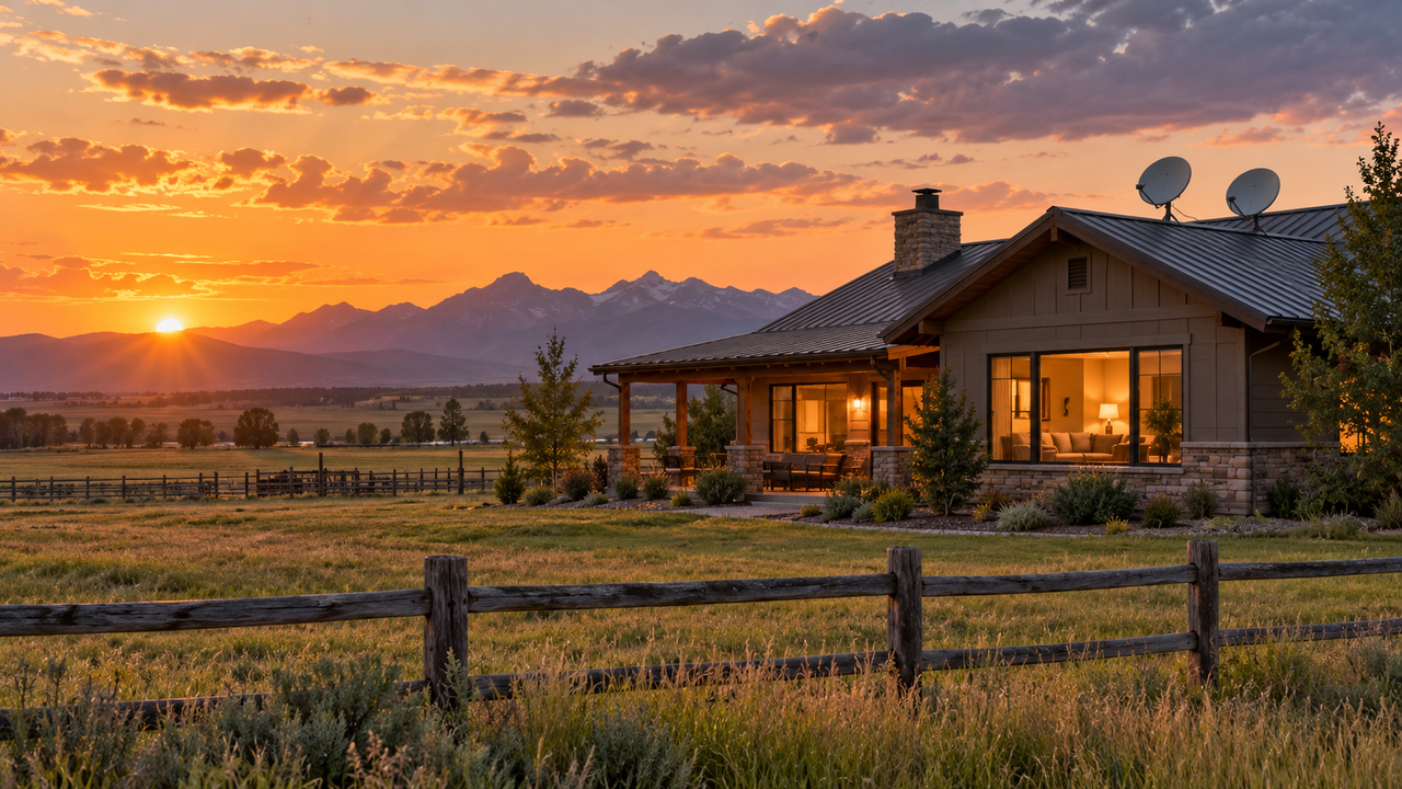 Rural house with two satellite dishes on the roof at sunset and a family room TV glow in the window