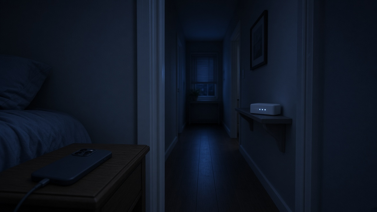 Dark bedroom hallway at night with a small router glowing softly on a shelf and a phone charging on a nightstand