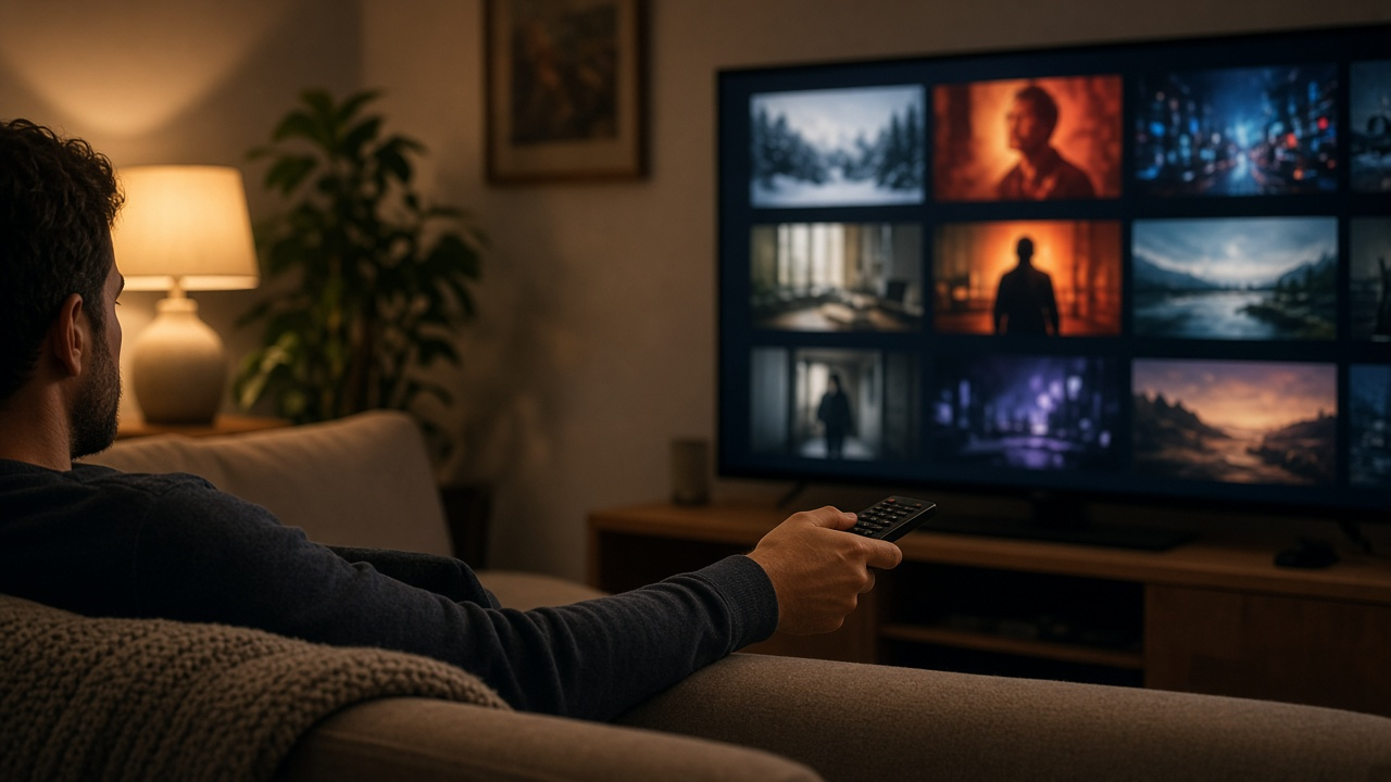 Person on a couch scrolling a streaming menu on a TV with a remote, blurred tiles on screen, cozy evening light, no logos or readable text