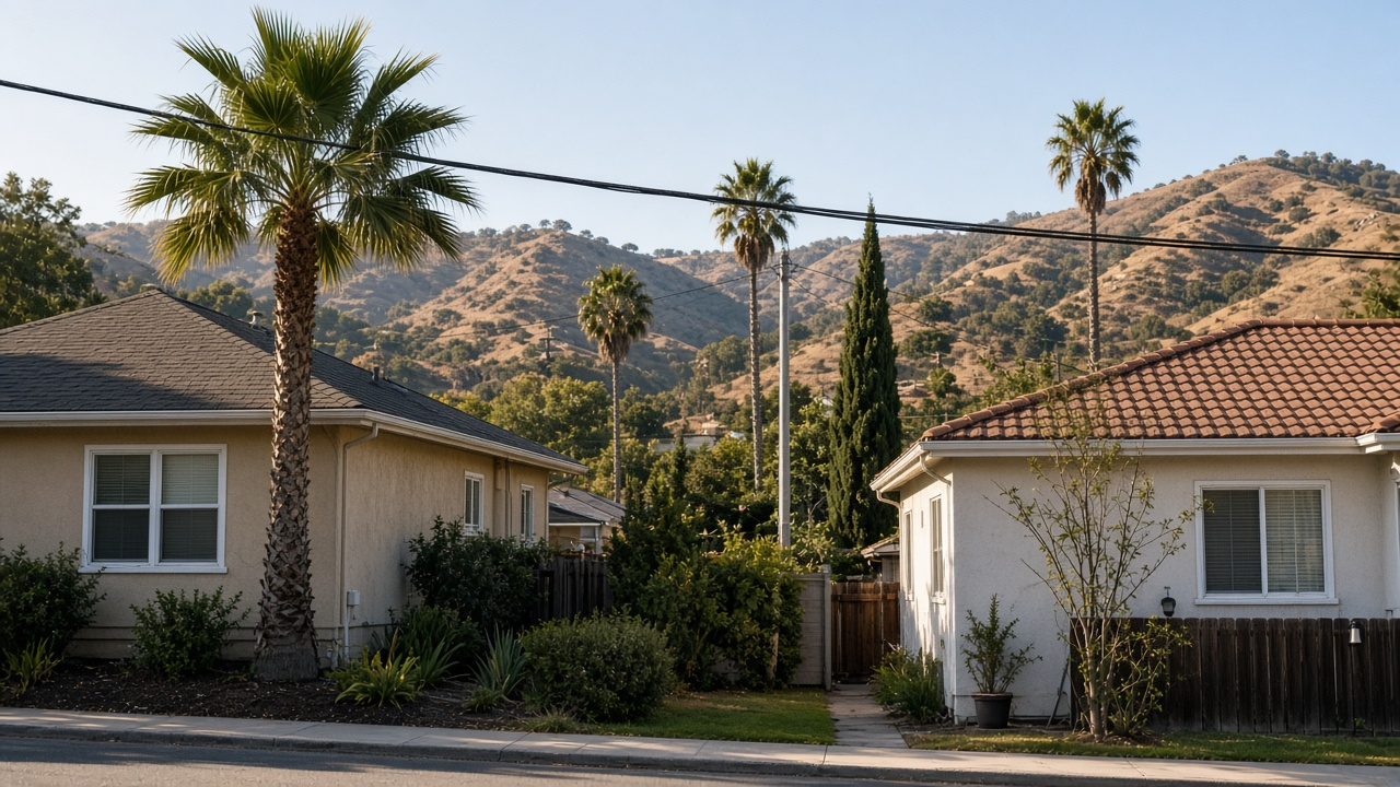 Two California homes on a sunny street with a fiber utility line overhead, palm trees and hills behind, no logos or readable text