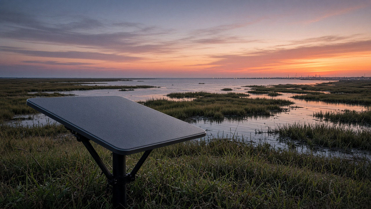 Gulf Coast marsh horizon with a small home dish and distant launch-pad silhouette