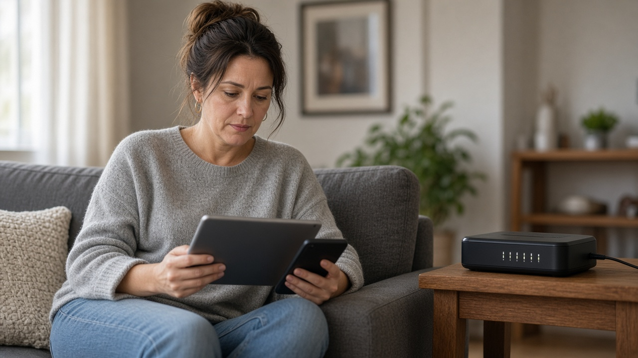 Woman at home checking her internet bill on a tablet while holding a phone, cable modem on a side table, soft daylight, no logos or readable text