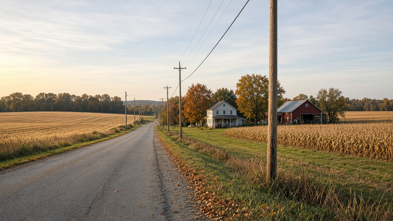Rural Indiana road in autumn with farmhouses and a utility pole carrying new fiber cable, golden afternoon light, no logos or readable text