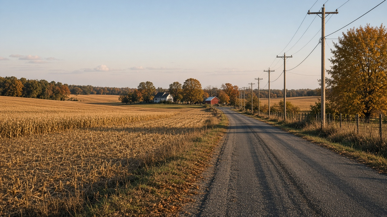 Rural southern Indiana road with farm fields and a fiber cable line on wooden utility poles, a farmhouse in the distance, autumn afternoon light, no logos or people