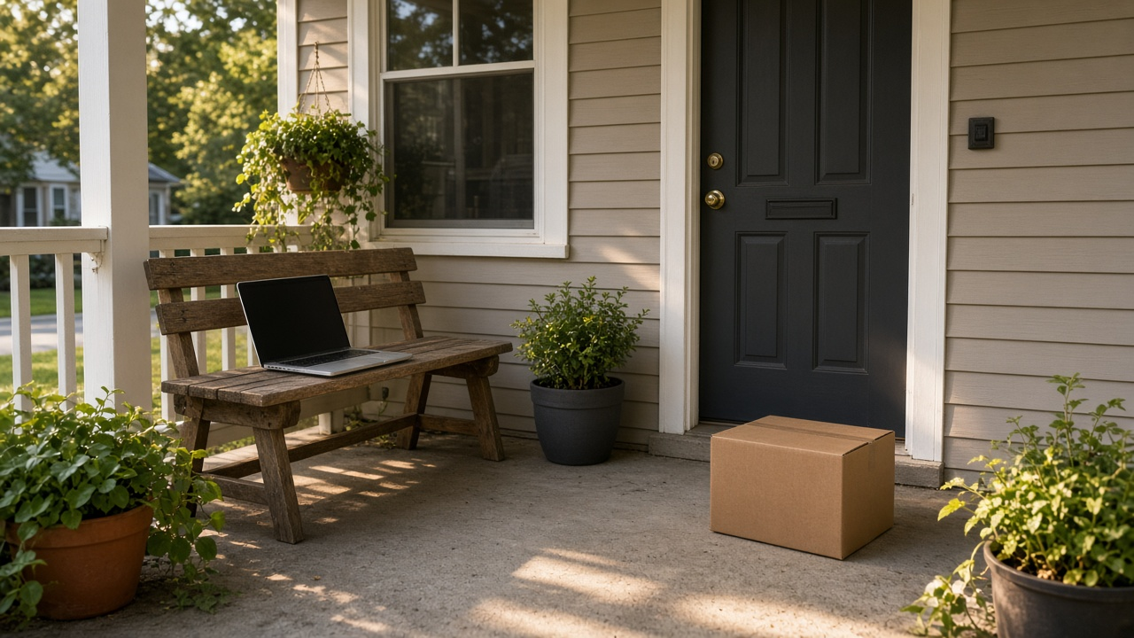 Front porch of a modest home with a delivery box by the door and a laptop open on a bench, late afternoon light
