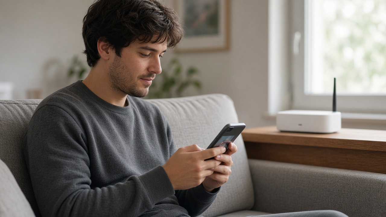 A person on a living room couch streaming video on a smartphone connected to a home Wi-Fi router on a nearby shelf, bright natural light