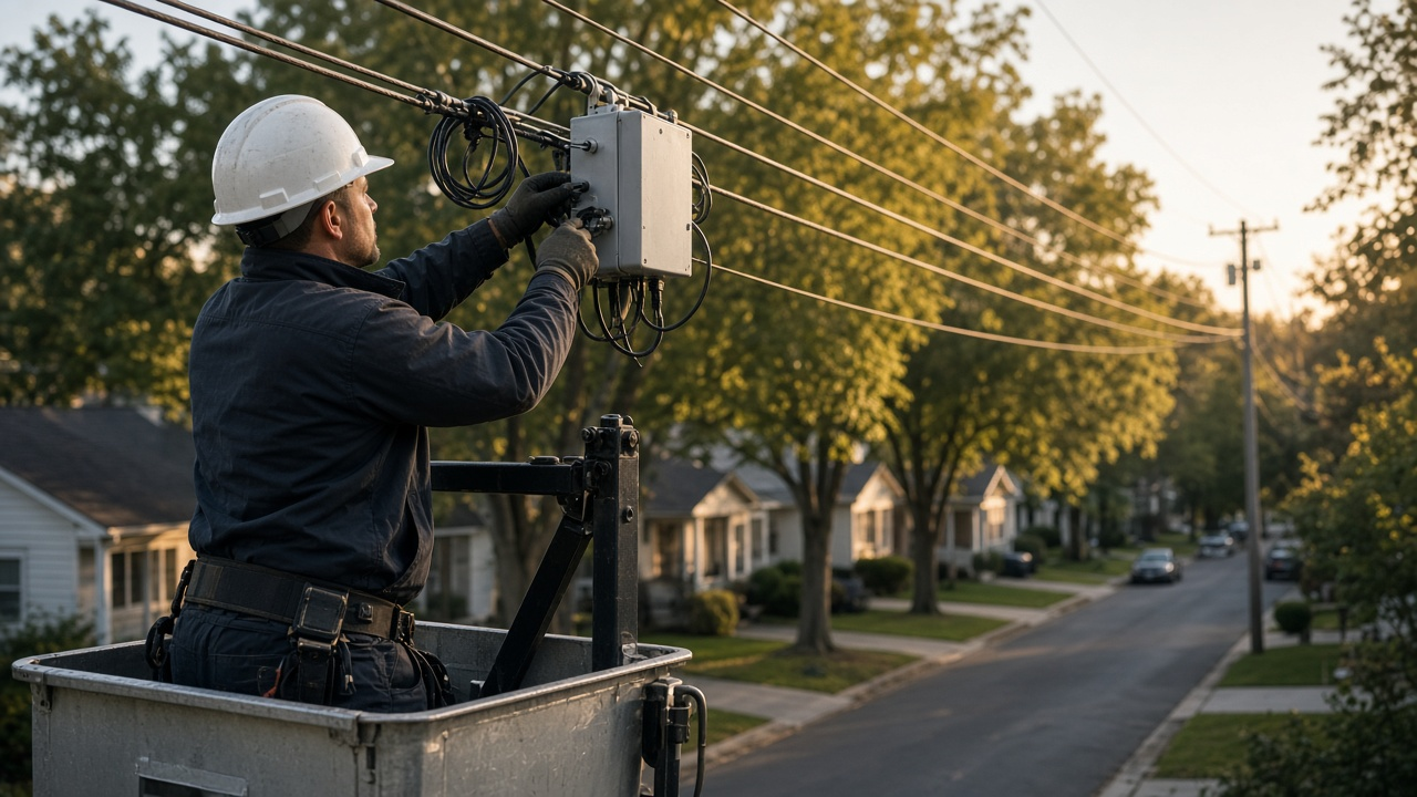 A cable technician in a bucket truck working on an aerial cable amplifier above a tree-lined suburban street at golden hour