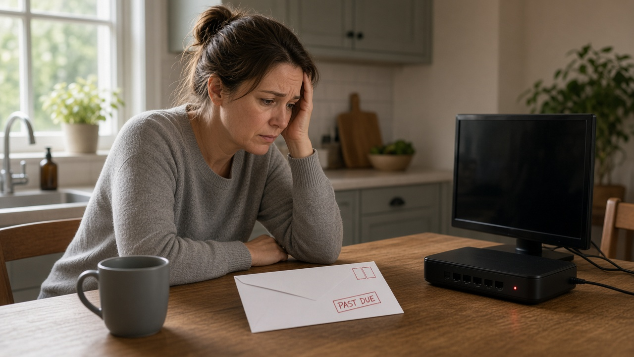 Worried homeowner at a kitchen table with a past-due bill envelope beside a router showing a red light