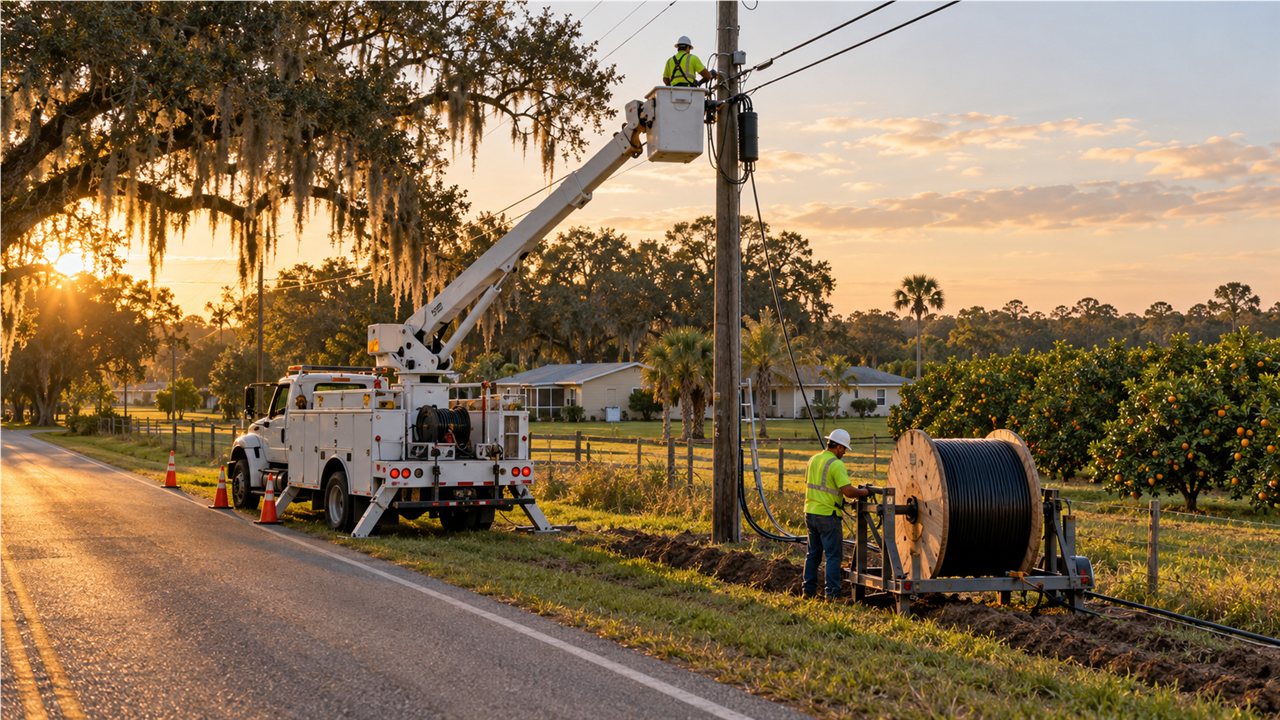 Fiber-optic cable spool and utility truck along a rural Central Florida road lined with oak trees and small homes at golden hour