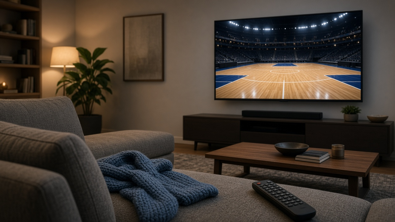Living room TV showing a blurred basketball game with a remote and team scarf on the couch