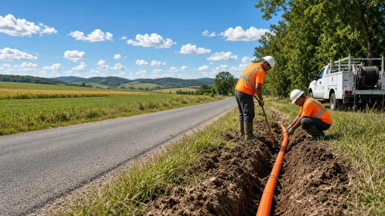 Rural road and fiber reel under a green-gold countryside sky
