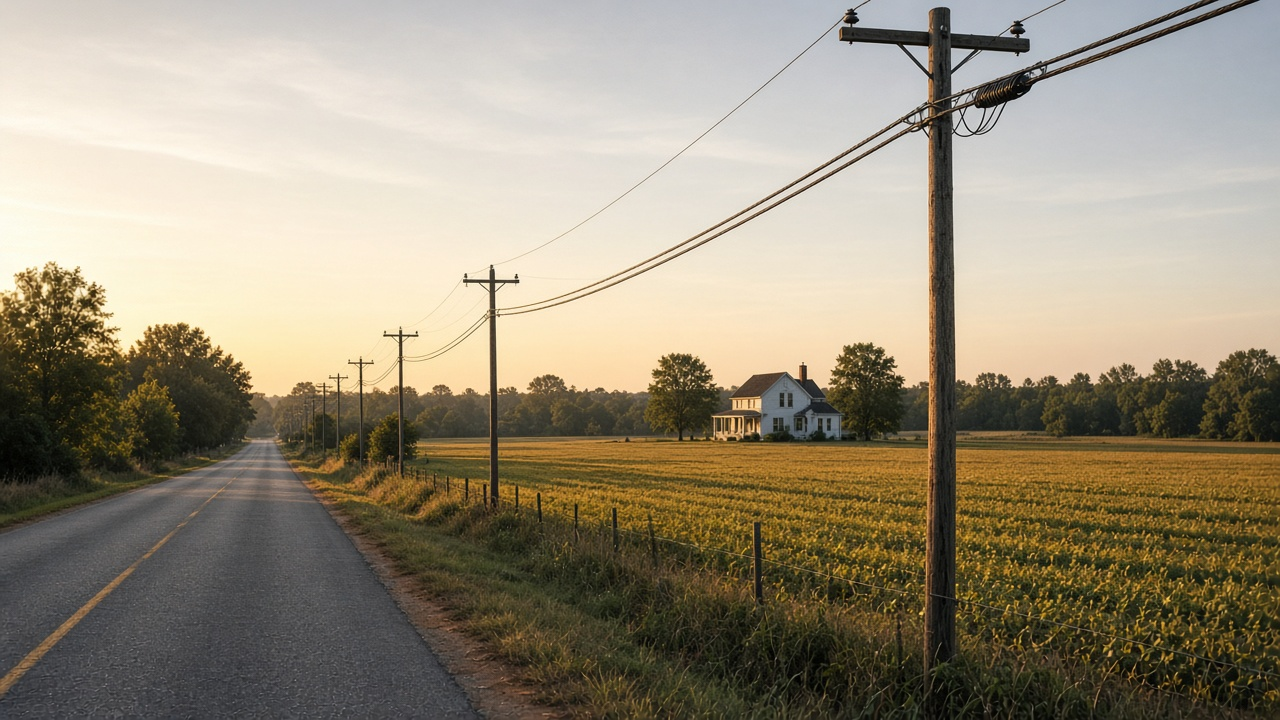 Utility poles carrying fiber cable along a country road through Virginia farmland at golden hour