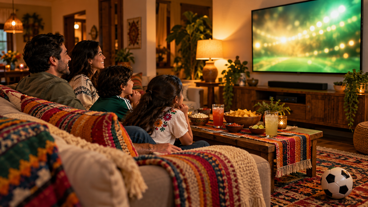 Family living room with colorful textiles and a TV glowing warmly during a weekend soccer match evening