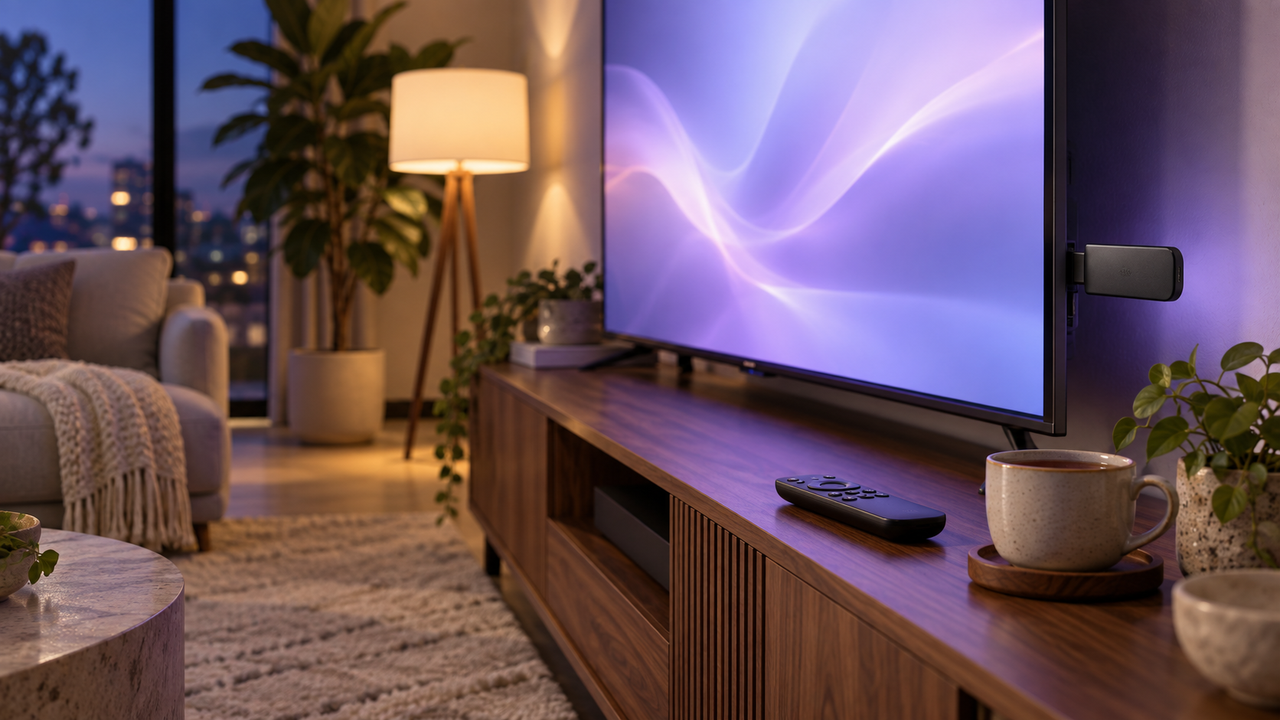 Living room with a streaming device and remote on a media console and a TV glowing in a calm evening setting