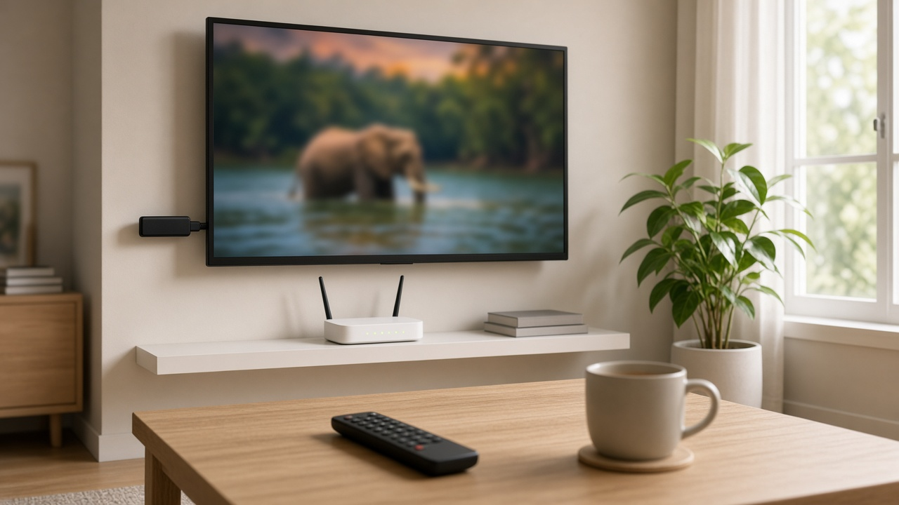 Bright living room with a wall-mounted TV showing a blurred nature scene, a streaming stick, a Wi-Fi router on a shelf, and a remote and coffee mug on a wooden table