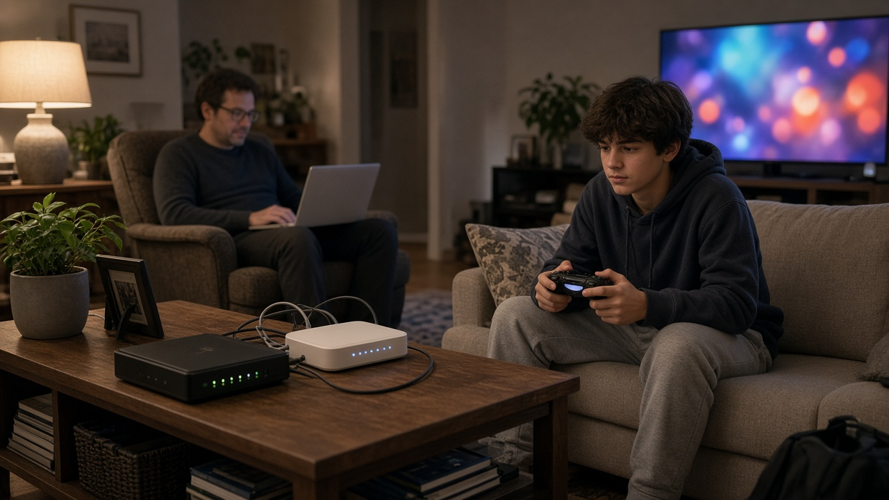 Family living room with a TV streaming, a teenager gaming and a parent on a laptop, with a cable modem and router on a console table