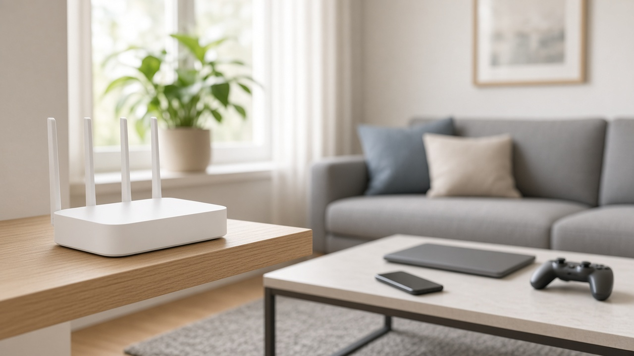 A white home WiFi router on a wooden living room shelf, with a laptop, a phone and a game controller nearby in soft daylight