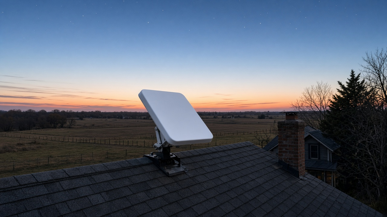 Satellite internet dish on a rural farmhouse roof under a clear evening sky with stars beginning to appear, no logos or readable text