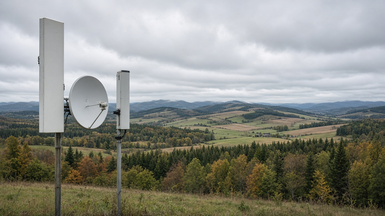 Rural Canadian farmhouse with a wireless antenna on a tower
