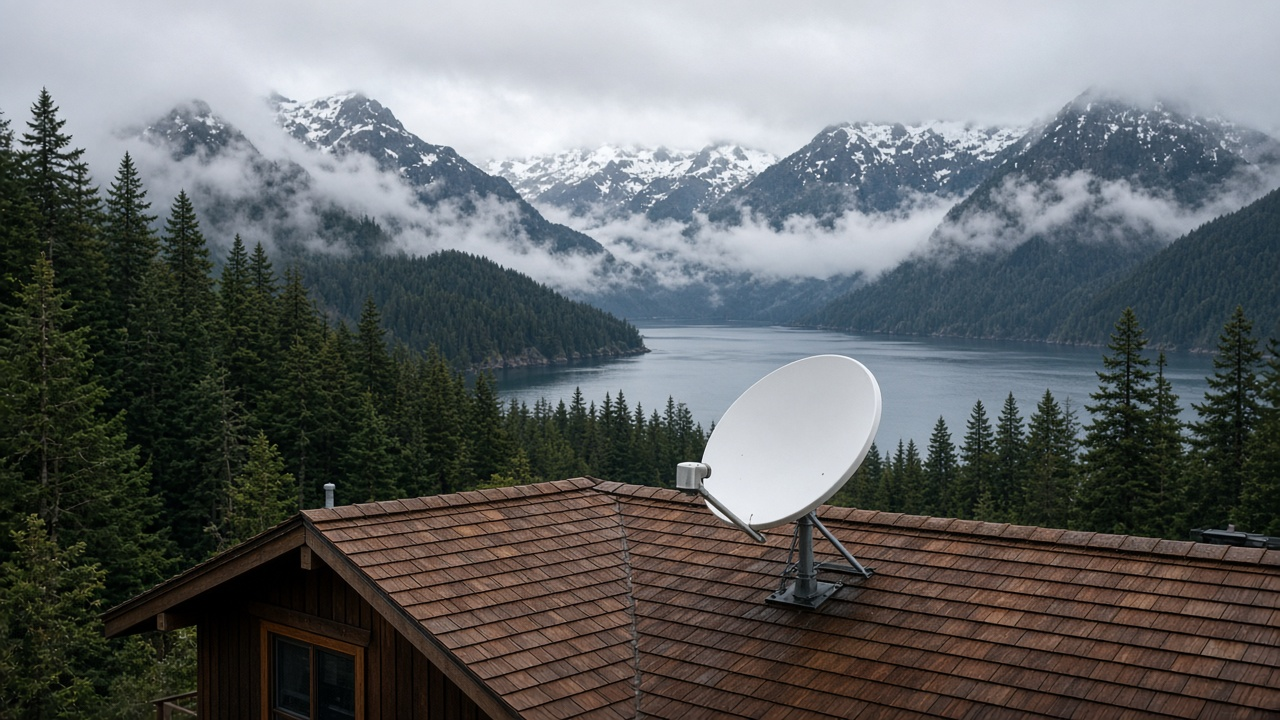 Satellite internet dish at a rural home in British Columbia