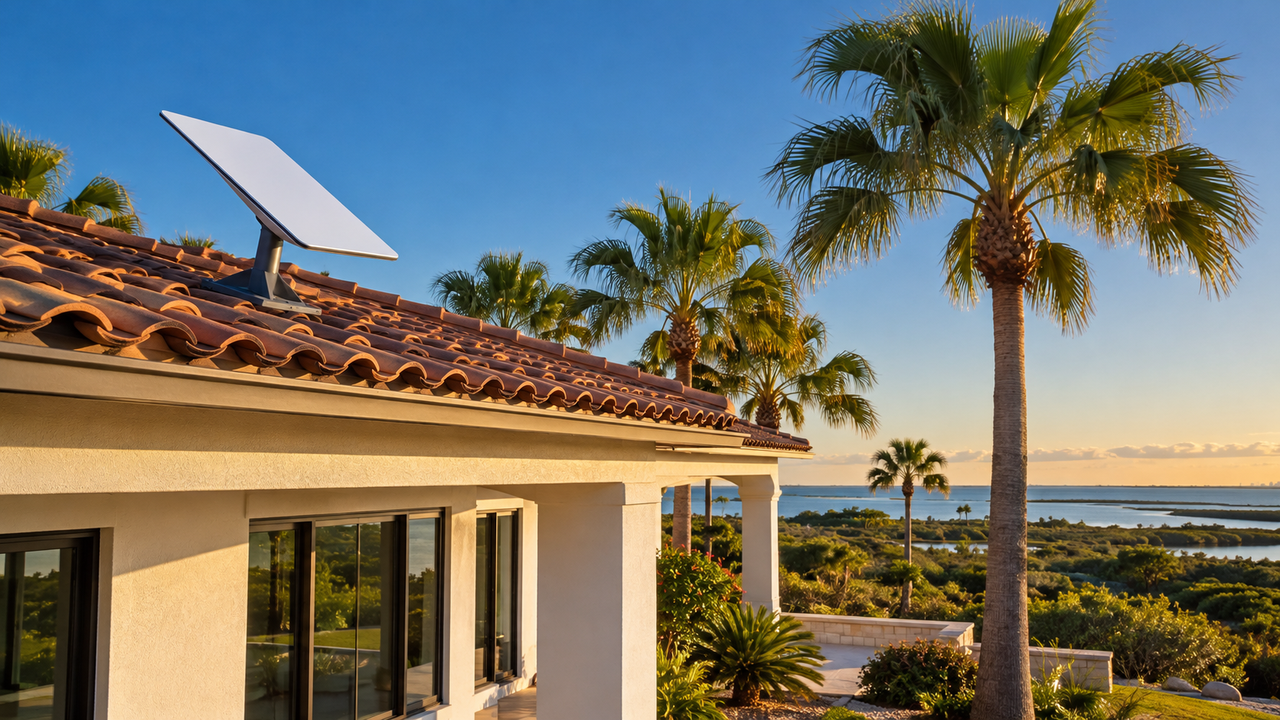 Satellite internet dish on a tile roof of a South Texas home under a clear blue sky with palm trees