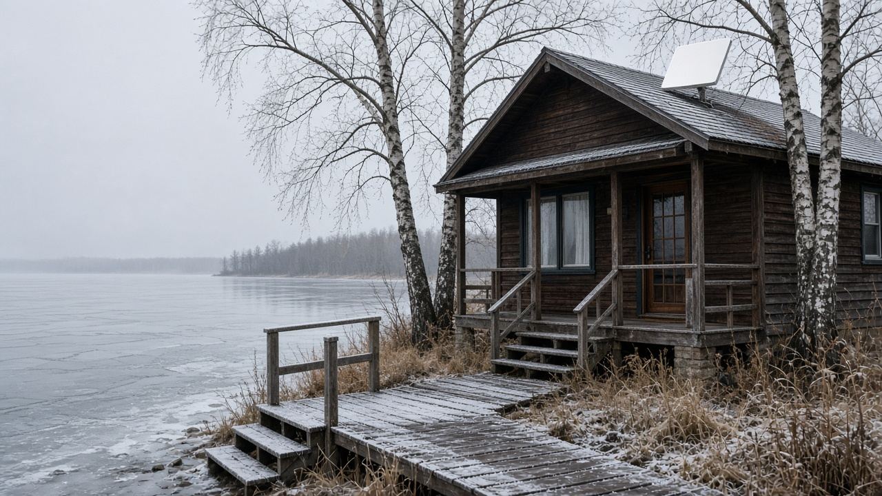Lakeside cottage dock in autumn with a small satellite dish