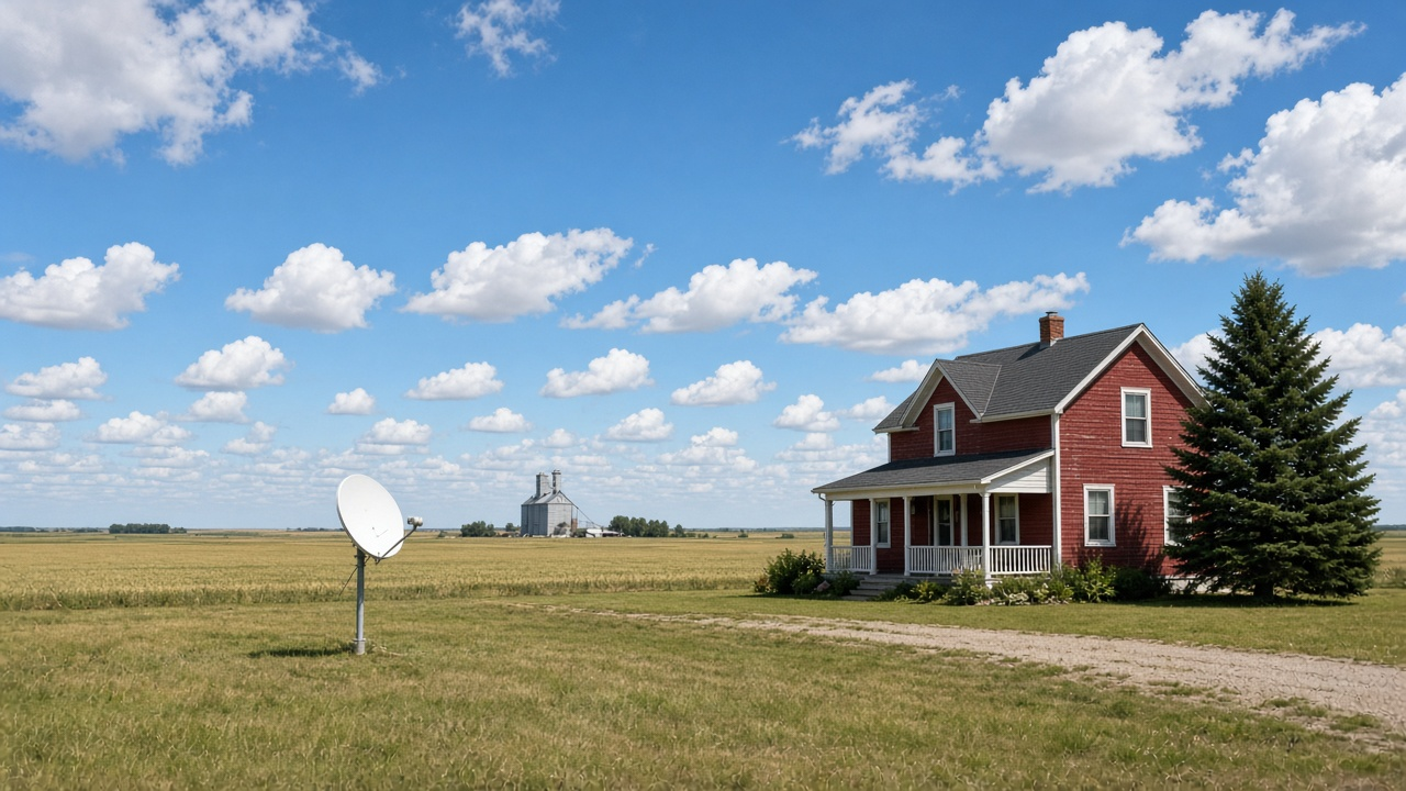 Satellite internet dish at a rural home in Manitoba