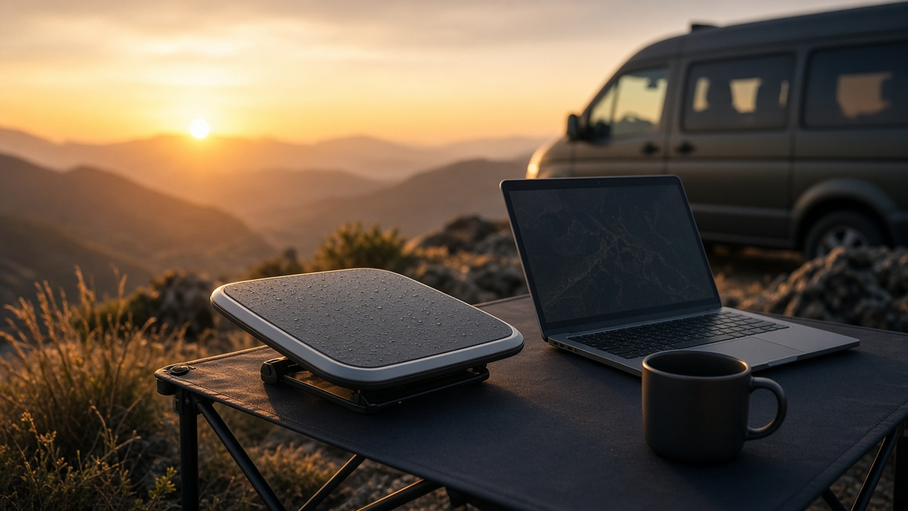 Compact satellite dish on a campsite table beside a laptop at sunset