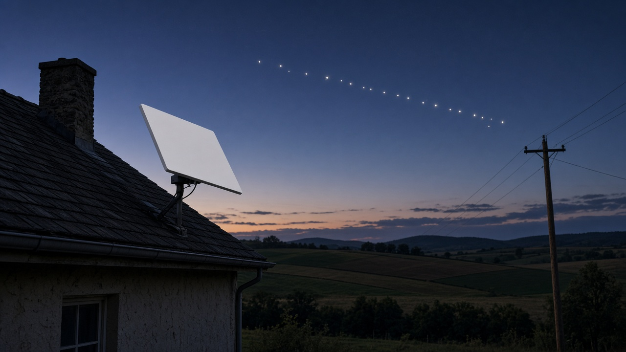 Flat white satellite internet dish on a rural farmhouse roof at dusk with a line of satellites in the twilight sky and a utility pole in the fields