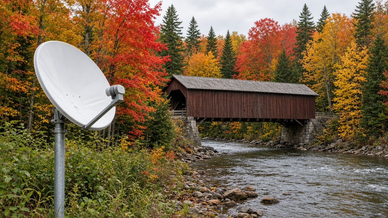 Satellite internet dish at a rural home in New Brunswick