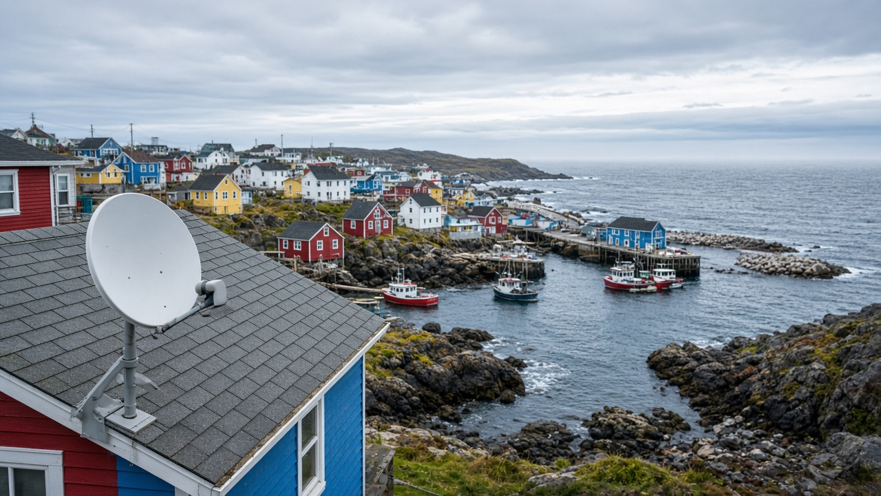 Satellite internet dish at a rural home in Newfoundland and Labrador