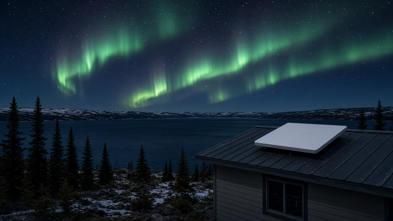 Satellite internet dish at a rural home in Northwest Territories