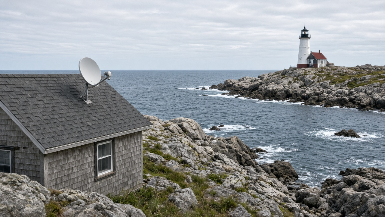 Satellite internet dish at a rural home in Nova Scotia