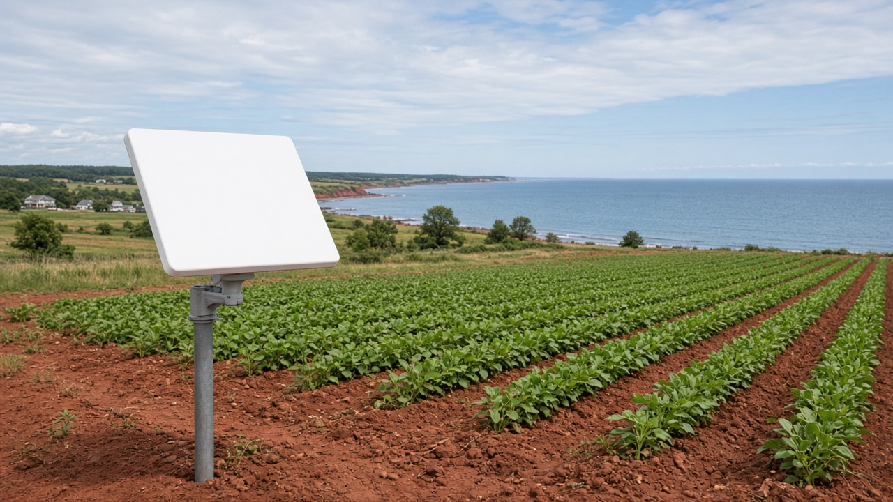 Satellite internet dish at a rural home in Prince Edward Island
