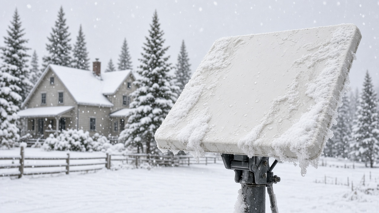 Antenne satellite enneigée sur le toit d'un chalet au Québec