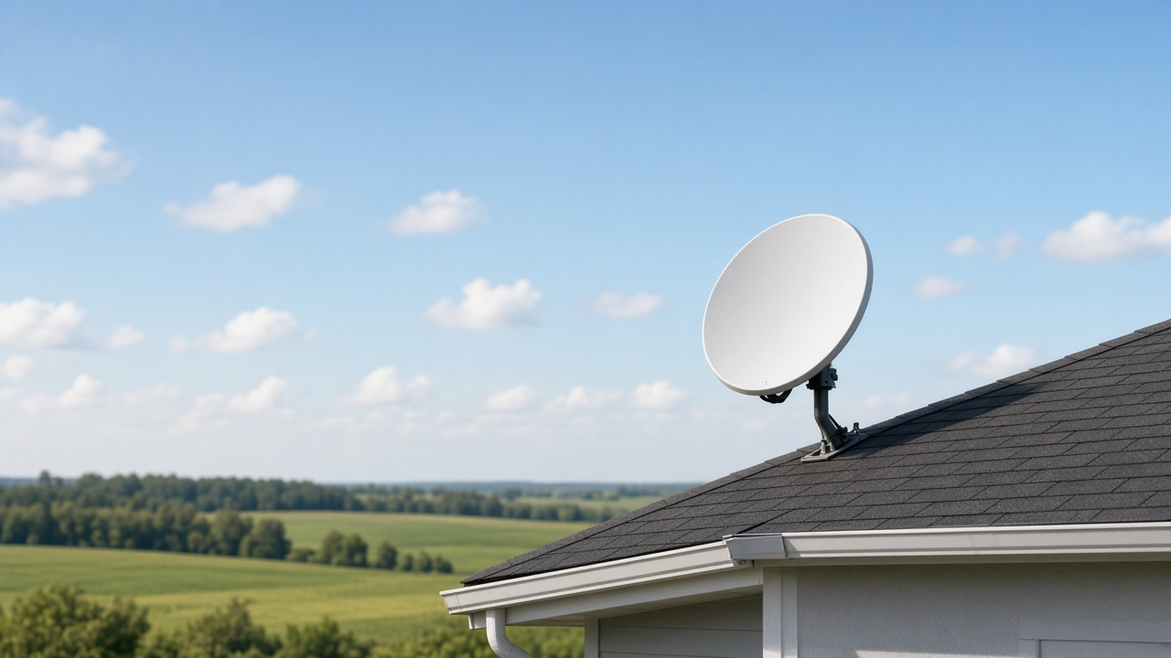 A white satellite dish mounted on a rural rooftop under a clear blue sky with open fields beyond