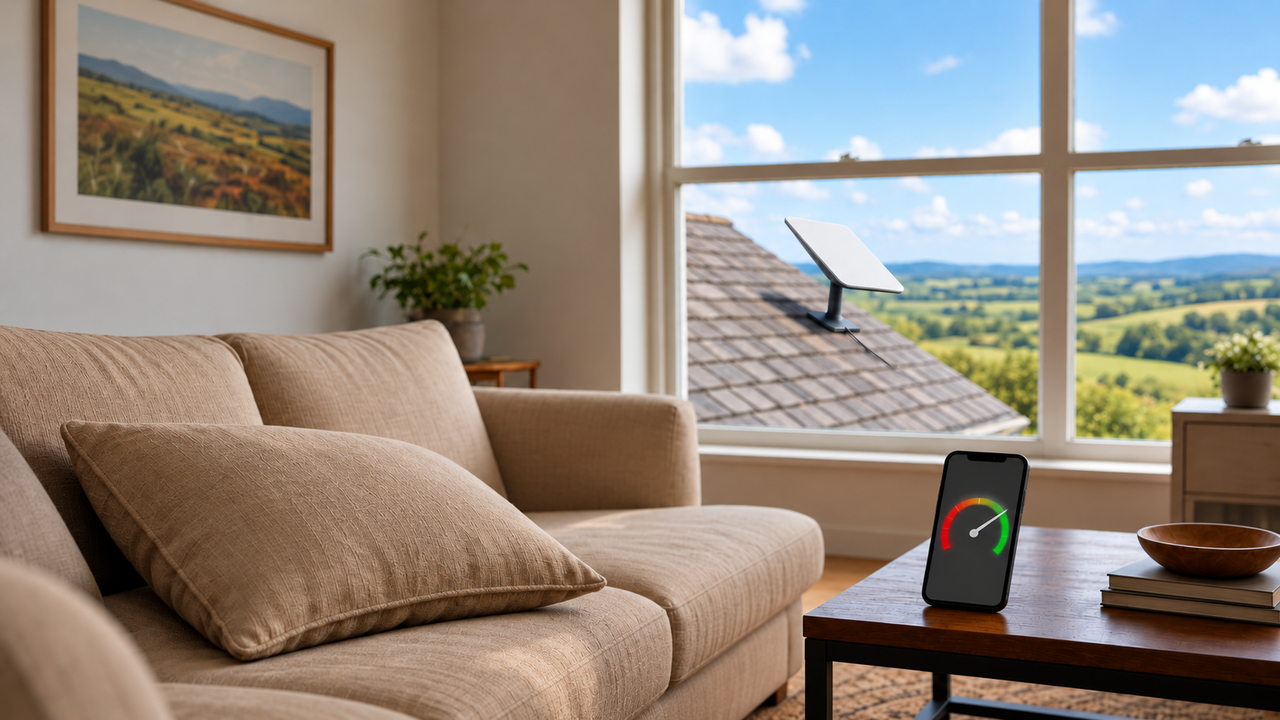 Phone displaying an abstract speed gauge on a table in an empty living room, with a flat rectangular satellite panel visible outside