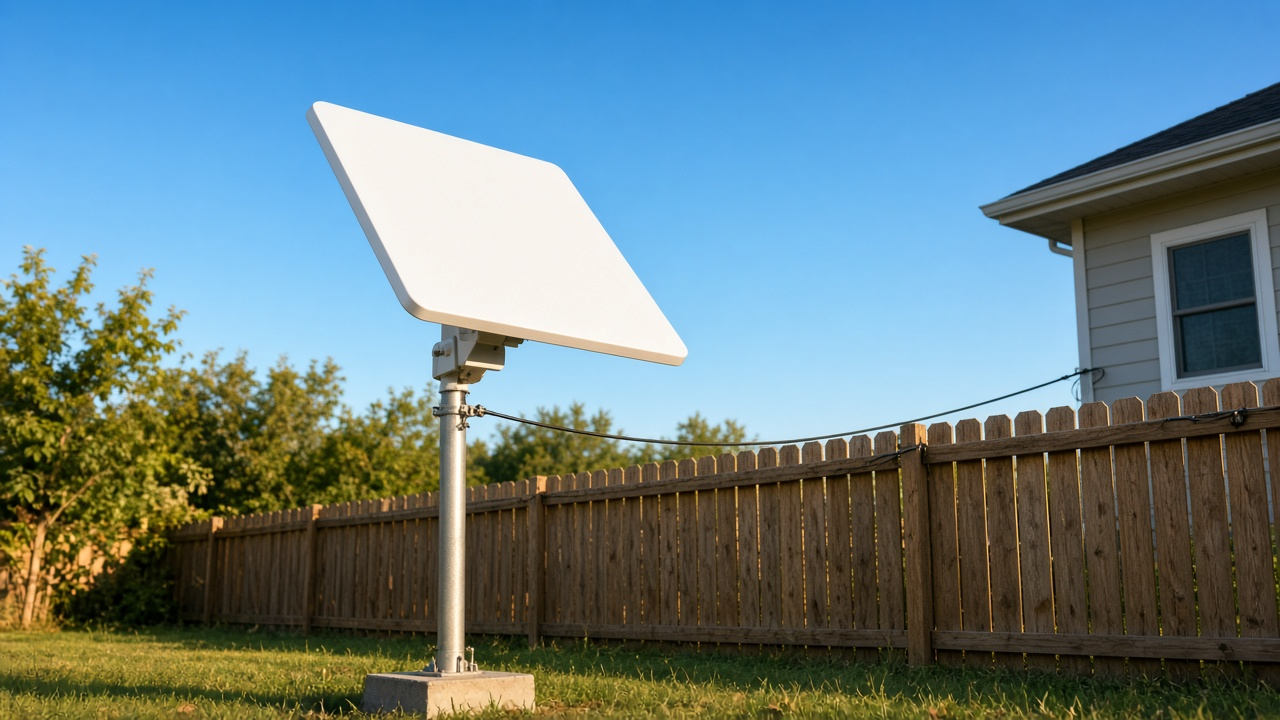 Rectangular white satellite dish on a short mast in a backyard, tilted toward the sky, with a cable running to the house