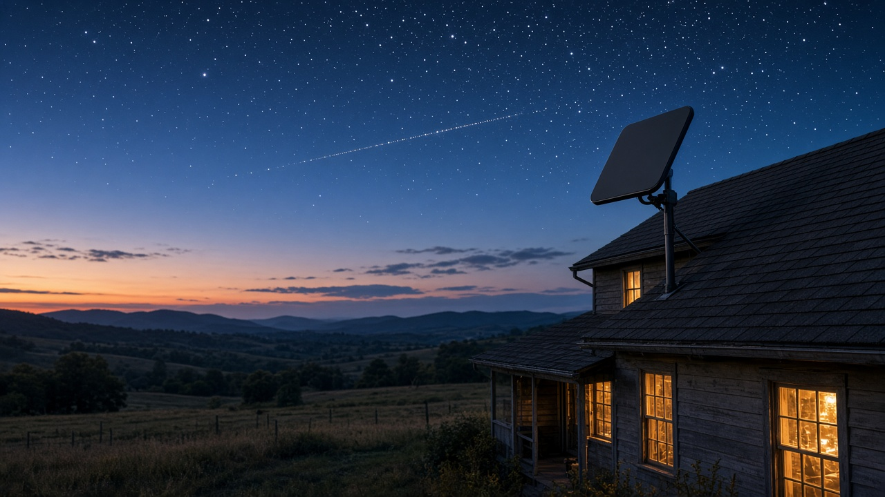Rooftop satellite internet dish on a rural home at dusk under a clear starry sky