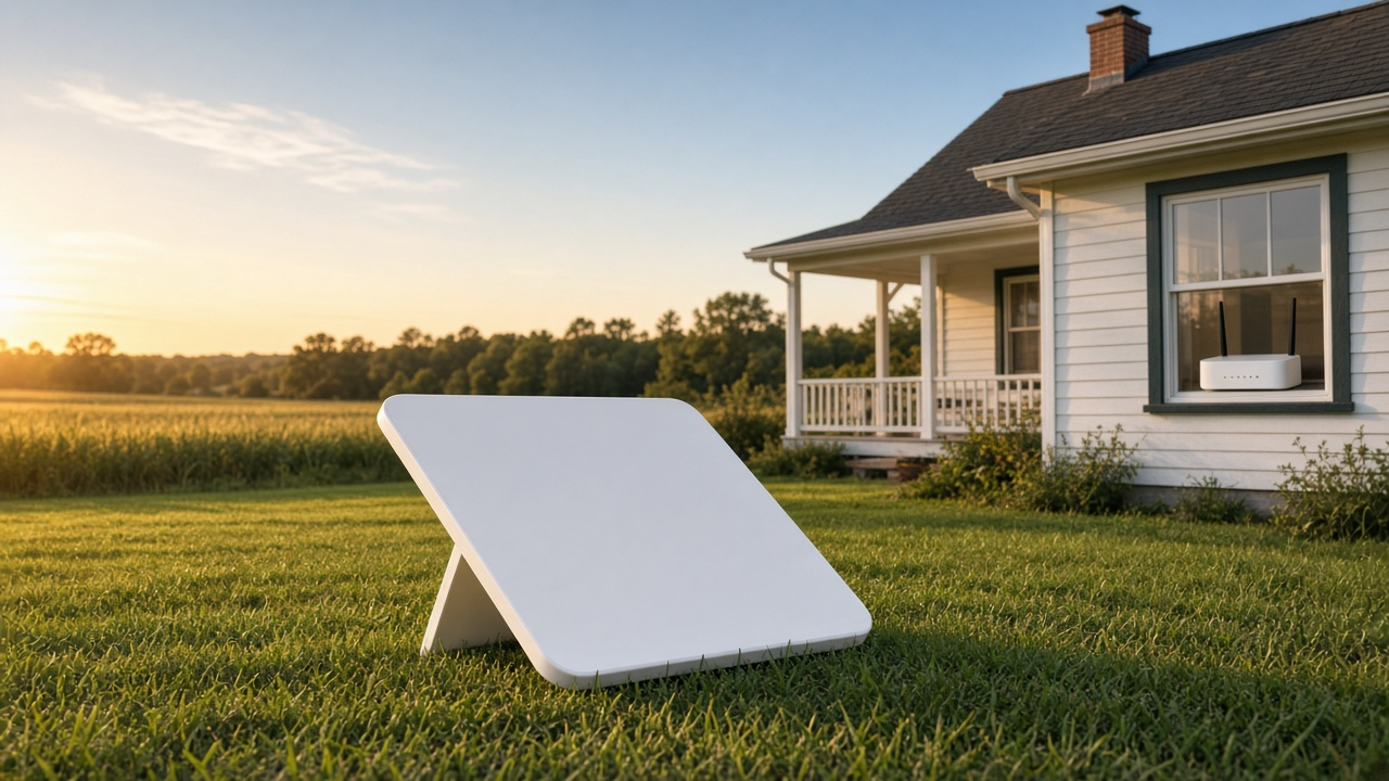 Small flat white satellite dish on a kickstand on the lawn of a rural farmhouse at golden hour