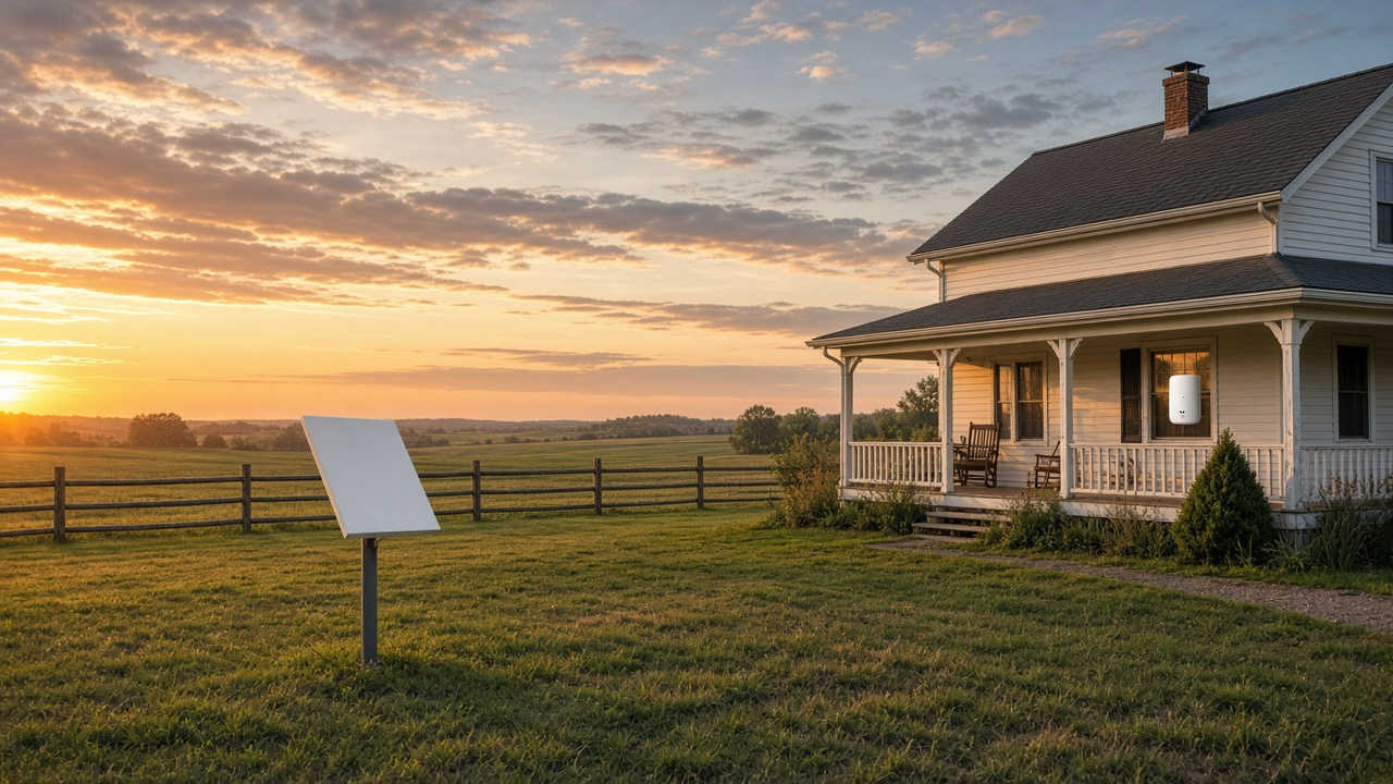 Rural farmhouse at sunset with a flat satellite dish in the yard and a 5G receiver in the window