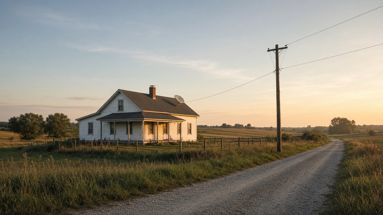Rural home at golden hour with a small satellite dish on the roof and a cable line on a nearby utility pole, no logos