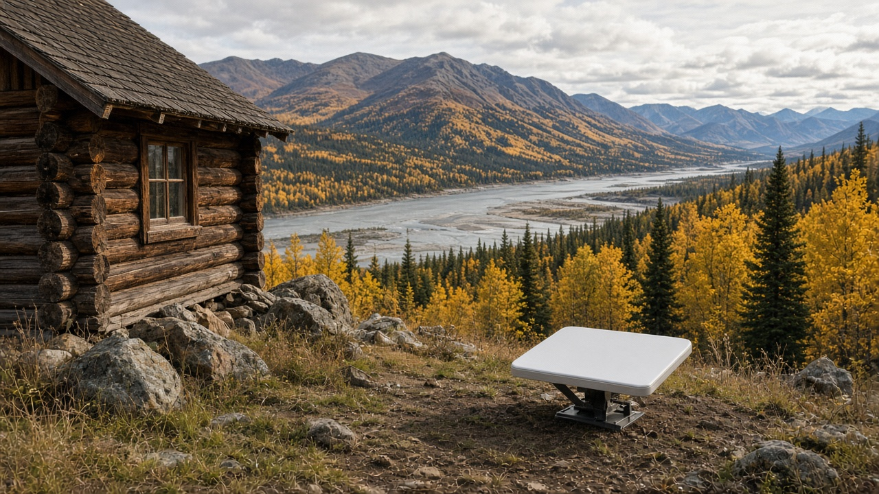Satellite internet dish at a rural home in Yukon
