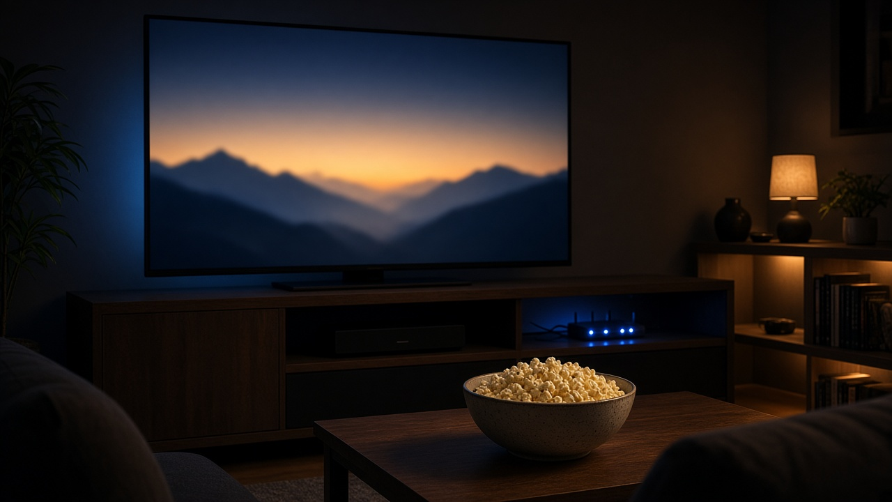 Home theater with a mountain sunset on the TV, a glowing router and a bowl of popcorn