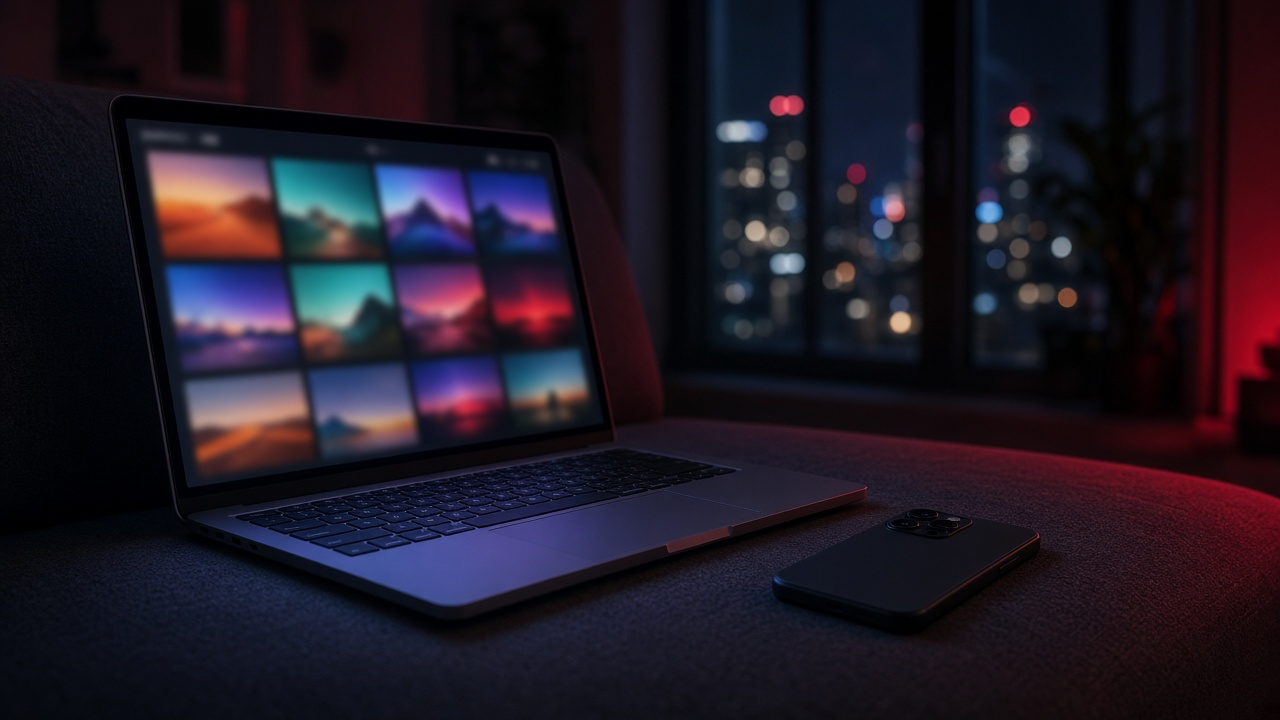 Laptop on a desk showing a blurred streaming app grid next to a padlock and a home Wi-Fi router