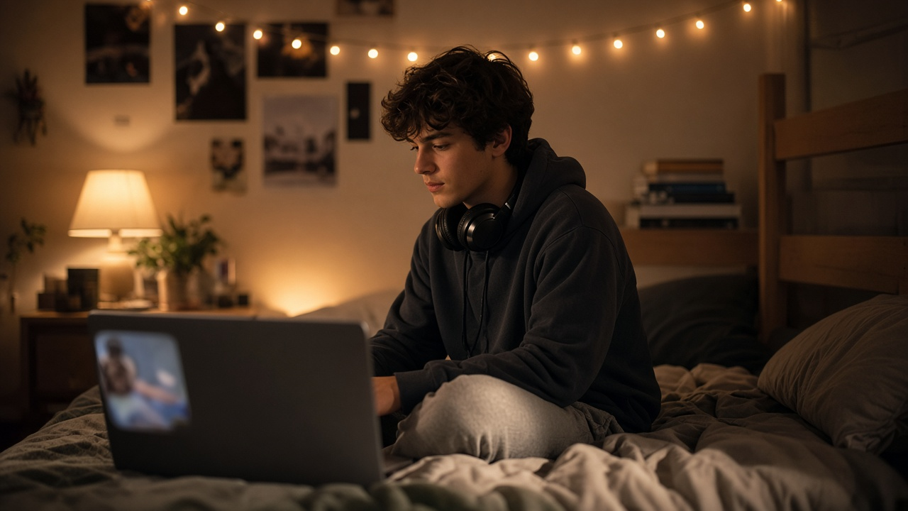 College student in a dorm room watching a blurred show on a laptop with headphones around their neck, warm desk lamp light, no logos or readable text
